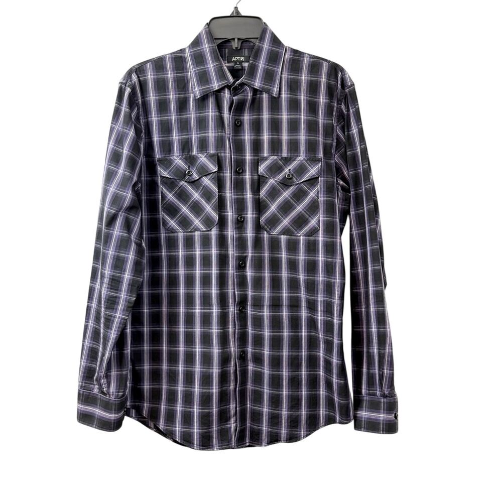 Apt 9 Long Sleeve Black Purple White Plaid Button Front Shirt Essential Staple